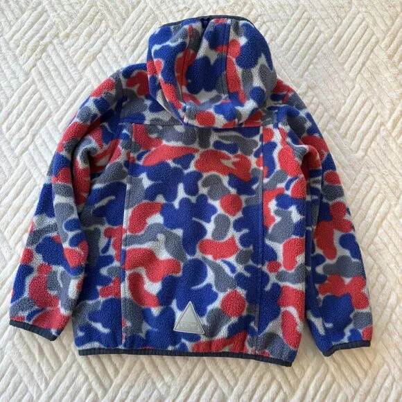 L.L.Bean Kids Medium 5-6 Hooded Fleece Jacket Retro Camo Red Blue Gray Zip - Picture 2 of 8